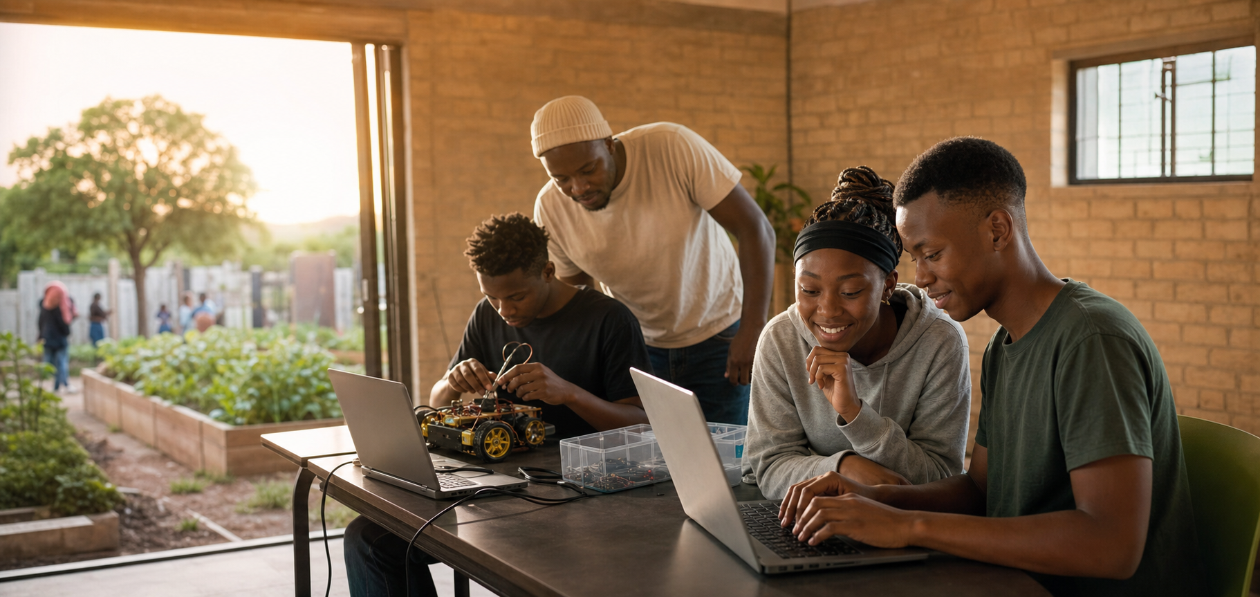 Young people learning coding and robotics together at a community hub